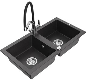Mexen Mario, granitový drez 820x436x161 mm, 2-komorový a drezová batéria Duo, čierna škvrnitá, 6504-76-671701-07