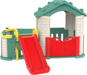 Ramiz Záhradný domček 3 v 1 pre deti Zelená strecha + šmýkačka + záhrada s plotom
