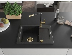 Mexen Enzo, 1-komorový granitový drez 576x465x174 mm a drezová batéria Flora, čierna-strieborná metalíza, 6506-73-670401-57-G
