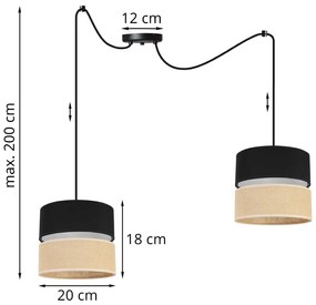 Závesné svietidlo JUTA SPIDER, 2x jutové/čierne textilné tienidlo, B