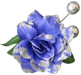 Schetelig Ruža hlava s lístim, glitter 13 cm, Modrá, 13 cm