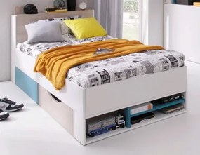 Posteľ s úložnými priestormi Planet, 90x200 cm, dub/biela/modrá%