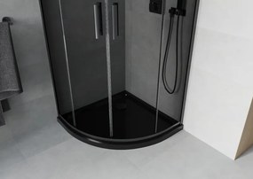 Mexen Rio, štvrťkruhový sprchovací kút s posuvnými dverami 80(dvere) x 80(dvere) x 190 cm, 6mm šedé sklo, čierny profil + čierna sprchová vanička SLIM, 863-080-080-70-40-4170B