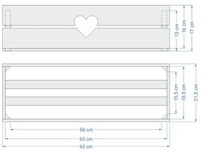 AMADEA Drevený kvetináč so srdiečkom biely, vo vnútri s čiernou fóliou, 62x21,5x17cm, český výrobok
