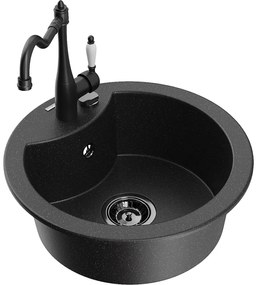 Mexen Diego, granitový drez 488x488x167 mm, 1-komorový a drezová batéria Carla, čierna-strieborná metalíza, 6512-73-670700-70-B