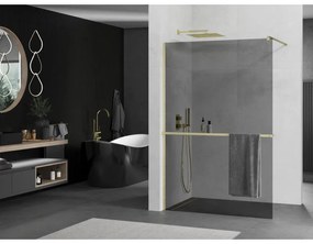 Mexen Kioto+, sprchová zástena Walk-In s poličkou a vešiakom 130 x 200 cm, 8mm šedé sklo, zlatý matný profil, 800-130-121-55-40