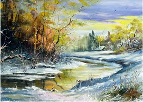 Obraz zimnej rieky, olejomaľba (70x50 cm)