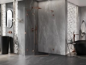 Mexen Lunar, L päťuholníkový sprchový kút naklápací doľava 100 x 100 cm, 8mm číre sklo, profil ružové zlato, 831L-100L-100P-60-00-L