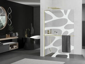 Mexen Kioto+ L, sprchová zástena Walk-In s poličkou a vešiakom 100 x 200 cm, 8mm číre sklo biely vzor, zlatý matný profil, 800-100-123-55-97
