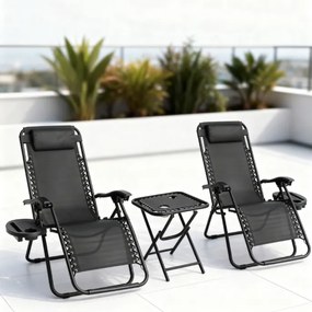 Set 2 polohovateľných záhradných lehátok so stolíkom - čierny