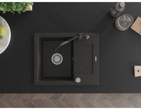 Mexen Enzo, granitový drez 576x465x174 mm, 1-komorový a drezová batéria Carla, čierna-zlatá metalíza, 6506-75-670700-70