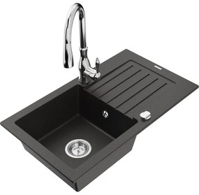 Mexen Pablo, granitový drez 752x436x161 mm, 1-komorový a drezová batéria Savita, čierna-zlatá metalíza, 6510-75-672601-00