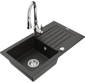 Mexen Pablo, granitový drez 752x436x161 mm, 1-komorový a drezová batéria Savita, čierna-zlatá metalíza, 6510-75-672601-00