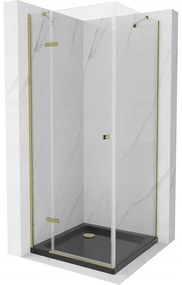Mexen Roma, sprchovací kút s 1-krídlovými dverami 90 (dvere) x 90 (stena) cm, 6mm číre sklo, zlatý profil, slim sprchová vanička 5cm čierna, 854-090-090-50-00-4070G
