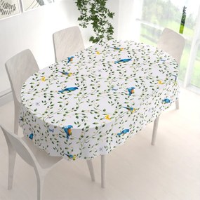 Biante Bavlnený oválny obrus Sandra SA-501 Modré vtáky a vetvičky na bielom 50x100 cm