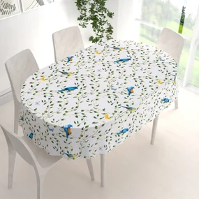 Biante Bavlnený oválny obrus Sandra SA-501 Modré vtáky a vetvičky na bielom 120x160 cm
