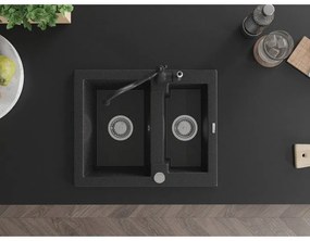 Mexen Carlos, granitový drez 582x475x177 mm, 1,5-komorový a drezová batéria Carla, čierna-strieborná metalíza, 6518-73-670700-70