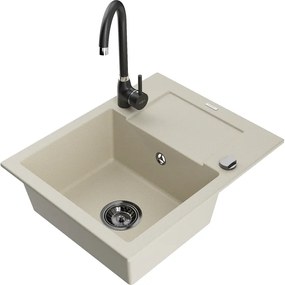 Mexen Enzo, granitový drez 576x465x174 mm, 1-komorový, čierna batéria Telma, béžová, 6506-69-670200-70