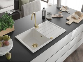 Mexen Bruno, granitový drez 795x495x200 mm, 1-komorový, biela so zlatým sifónom, 6513791010-20-G