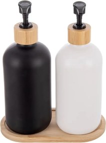 Orion Sada 2 dávkovačov s bambusovou táckou na mydlo/ jar, čierno-biela