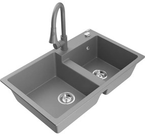 Mexen Tomas, 2-komorový granitový drez 800x500x190 mm a drezová batéria Elia, šedá, 6516-71-670101-71