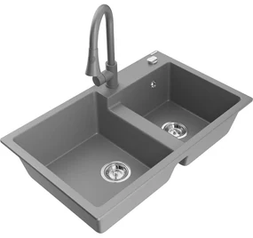 Mexen Tomas, 2-komorový granitový drez 800x500x190 mm a drezová batéria Elia, šedá, 6516-71-670101-71
