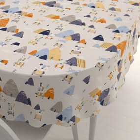 Biante Detský bavlnený oválny obrus Sandra SA-613 Modro-oranžové lesné zvieratká na bledo sivom 80x120 cm