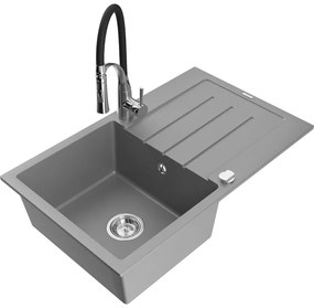 Mexen Bruno, 1-komorový granitový drez 795x495x200 mm a drezová batéria Aster, šedá, 6513-71-73450-07