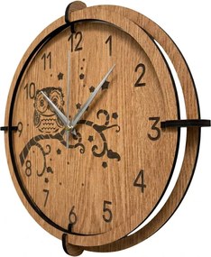Drevené nástenné hodiny Sova na vetve – dubový dekor, tichý chod | SENTOP HDF0573-OAK