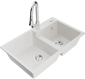 Mexen Tomas, 2-komorový granitový drez 800x500x190 mm a drezová batéria Elia, biela, 6516-20-670101-00
