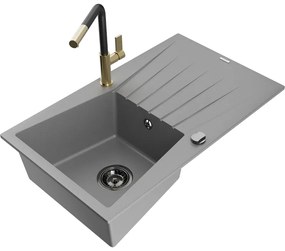Mexen Cesar, 1-komorový granitový drez 775x470x190 mm a drezová batéria Flora, šedá, 6514-71-670401-57-B