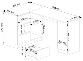 Rohový písací stôl B20 155 cm biely ľavý