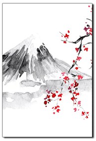 Obraz na plátne - Tradičné sumi-e obraz: sakura, slnko a hory - obdĺžnik 7271A (75x50 cm)