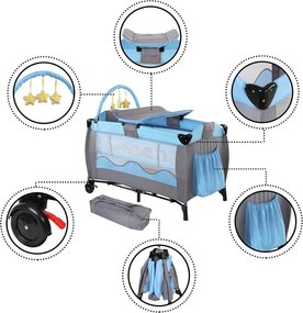 Cestovná postieľka s prebaľovacím pultom, modrá/sivá