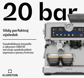 Klarstein GrandPresso Touch kávovar, 20 barov, integrovaný mlynček, indikátor tlaku, mliečna pena