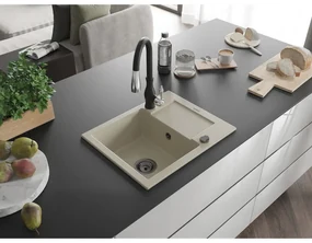 Mexen Enzo, 1-komorový granitový drez 576x465x174 mm a drezová batéria Savita, béžová, 6506-69-672601-70