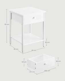 Nočný stolík, príručný stolík so zásuvkou a policou, matný biely