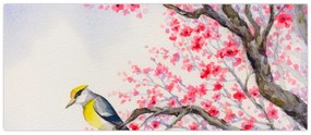 Obraz - Vtáčik na strome s červenými kvetmi (120x50 cm)