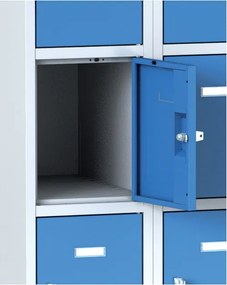 Šatníková skrinka S6 s úložnými boxami, 5 boxov, 1800 x 300 x 500 mm, otočný zámok, oranžové dvere