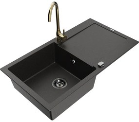 Mexen Leo, drez granitový 900x500x190 mm, 1-komorový a zlatá batéria Telma, čierna-zlatá metalíza, 6501-75-670200-50-B