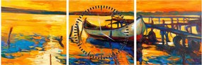 Obraz - Loďka pri západe slnka (s hodinami) (90x30 cm)