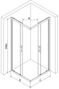 Mexen Rio, štvorcový sprchovací kút s posuvnými dverami 90(dvere) x 90(dvere) x 190 cm, 6mm sklo námraza, chrómový profil, 860-090-090-01-30
