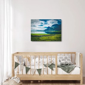 Sklenený obraz jazera s horami (70x50 cm)