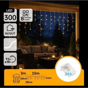 Aigostar - LED vonkajší vianočný reťazec 300xLED/8 funkcií 3xAA 18x06m IP44 teplá biela