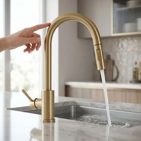 Rea Fresh Touch, vysoká kuchynská batéria s výsuvnou 2-funkčnou spŕškou, zlatá matná, REA-B9842