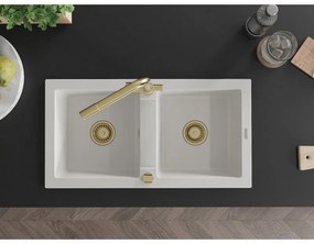 Mexen Mario, 2-komorový granitový drez 820x436x161 mm a zlatá lesklá drezová batéria Duero, biela, 6504-20-671600-50