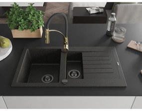 Mexen Matias, granitový drez 900x505x200 mm, 1,5-komorový a drezová batéria Aster, čierna-zlatá metalíza, 6502-75-73450-57-B