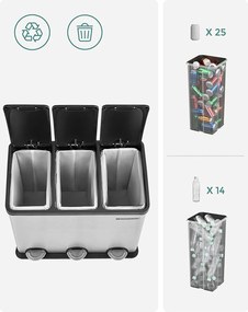 Veľký odpadkový kôš 54 L, recyklačný kôš 3x18 L, strieborný