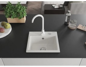 Mexen Milo, 1-komorový granitový drez 43,5x41 cm a kuchynská batéria Telma, biela, 6505-20-670200-20