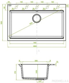 Laveo Tau, 1-komorový granitový drez 800x500x215 mm, čierna škvrnitá, LAV-SBT_7108